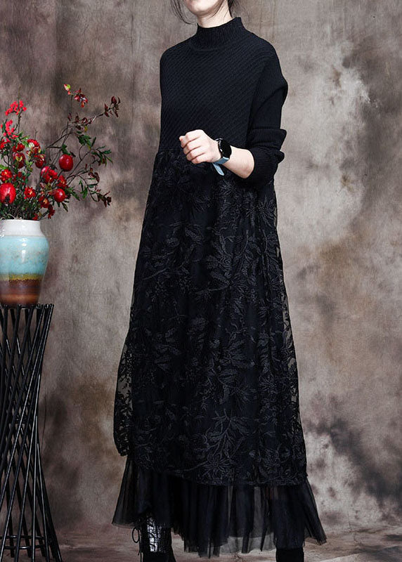 Women Black Knit Patchwork asymmetrical design Fall Knit Dress