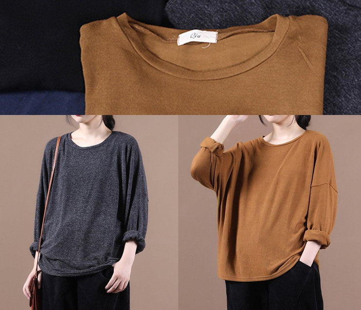 Women brown shirts o neck baggy cotton fall shirts – SooLinen
