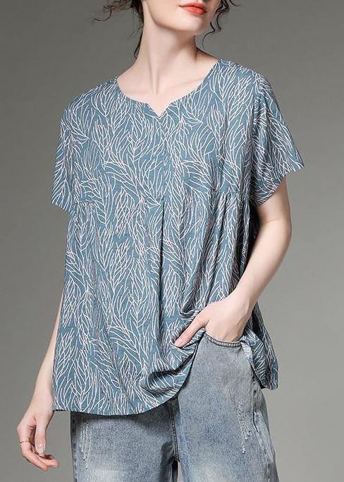 Women cotton linen tunic top Plus Size Split blue Printed Pleated – SooLinen