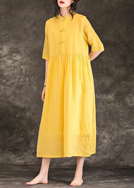 Women yellow linen clothes plus size Outfits stand collar Half sleeve ...