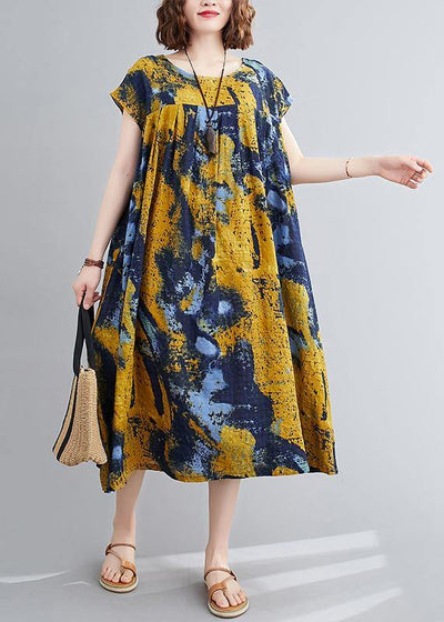 Women yellow print quilting dresses o neck Cinched Maxi summer Dress ...