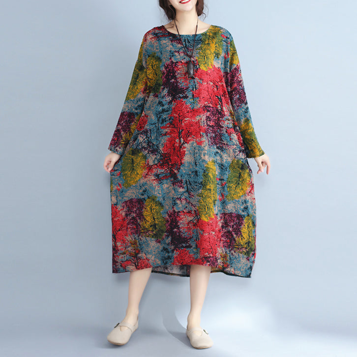 baggy multi color natural linen dress plus size prints gown Fine o nec ...