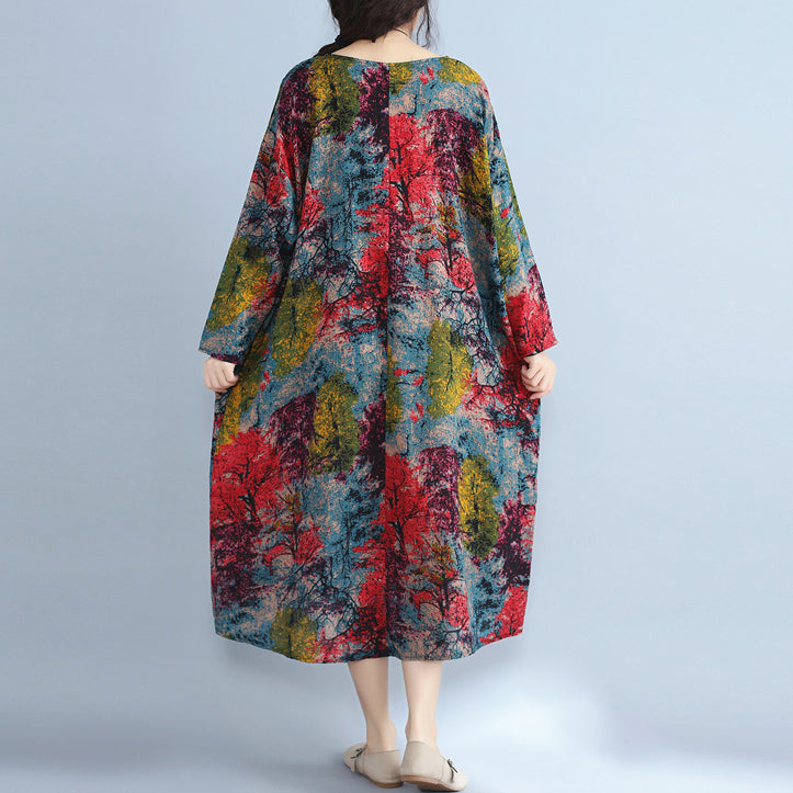 baggy multi color natural linen dress plus size prints gown Fine o nec ...