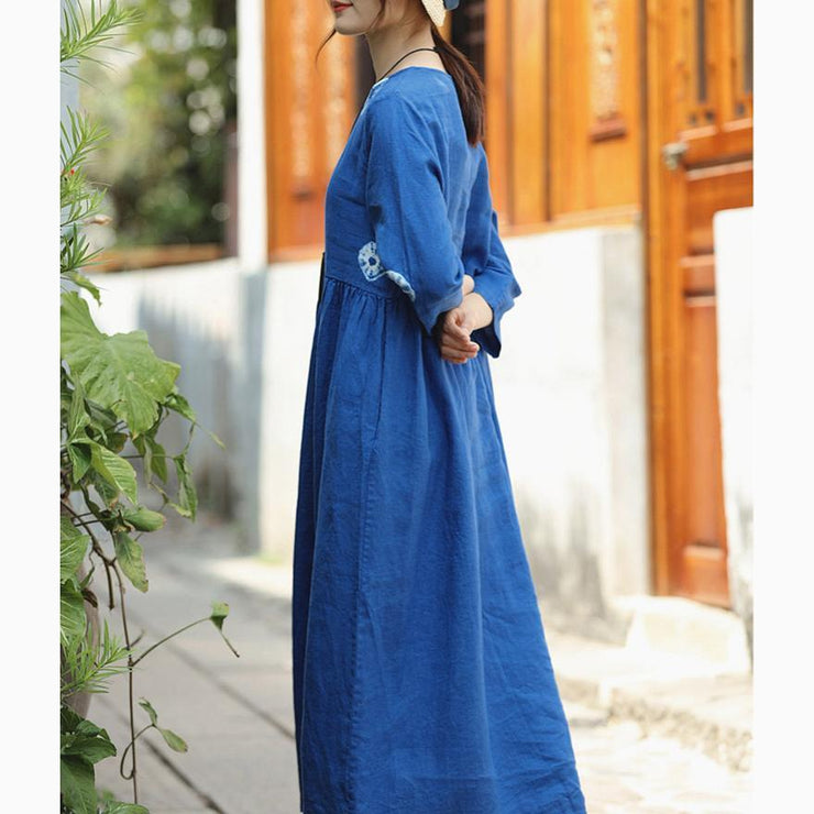boutique blue print linen dresses oversize o neck linen clothing ...