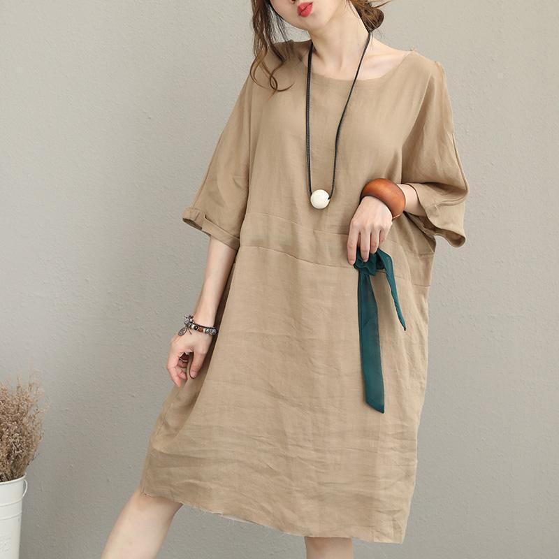 boutique khaki pure linen dress Loose 