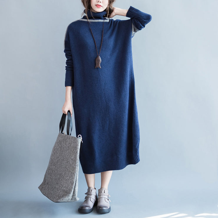 chunky dark blue knit dresses Loose fitting patchwork spring dresses ...