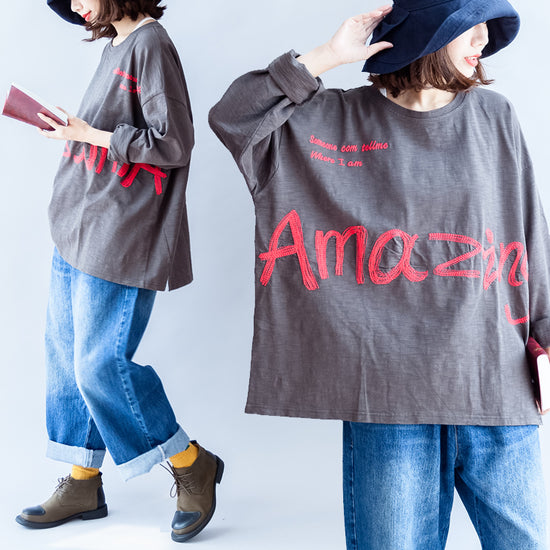 Fall Warm Casual Gray Cotton Embroidery Alphabet Pullover Oversize O N Soolinen