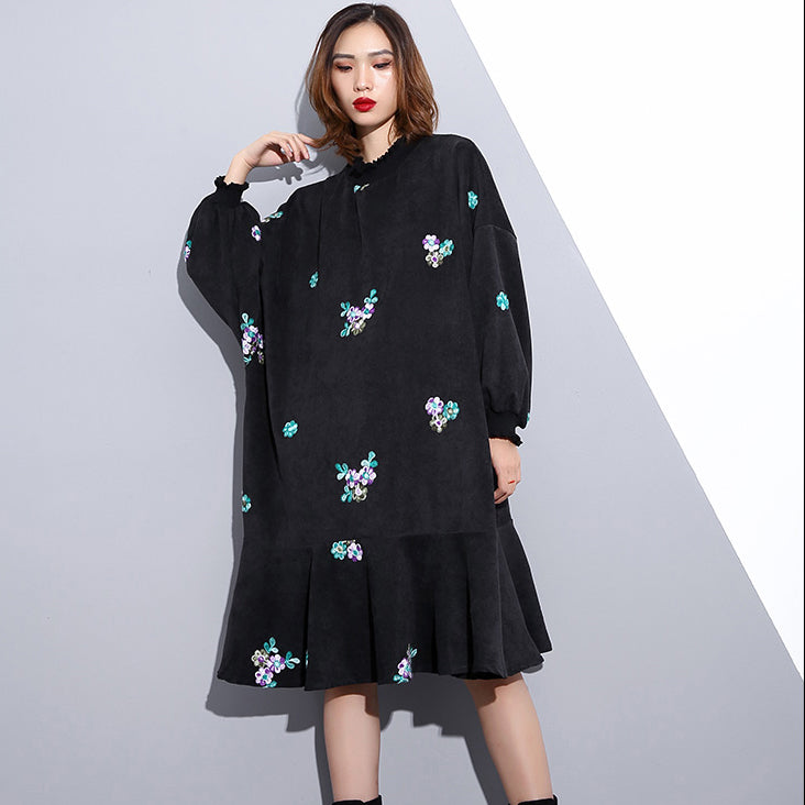 fashion black embroidery fall dress Loose fitting traveling dress ...