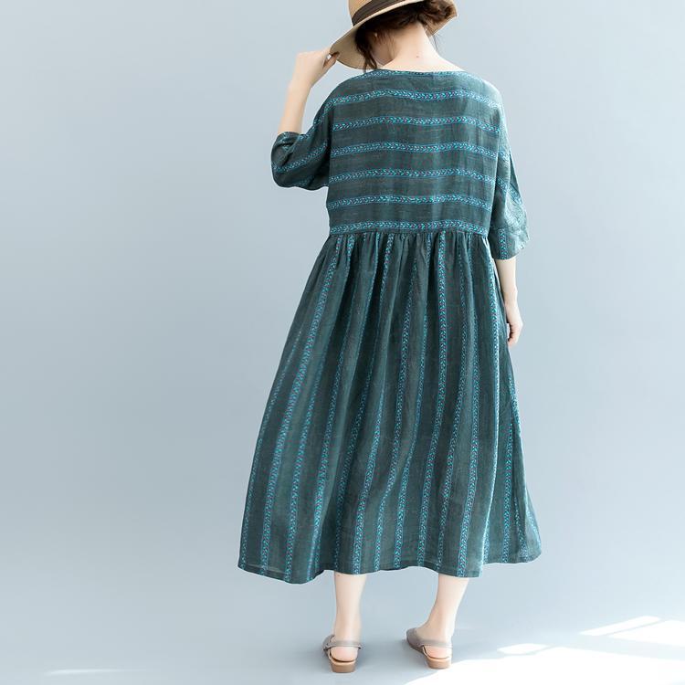 fashion dull green striped natural linen dress oversized o neck baggy ...
