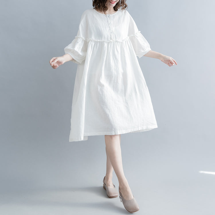 fashion white cotton linen knee dress plus size clothing cotton linen ...