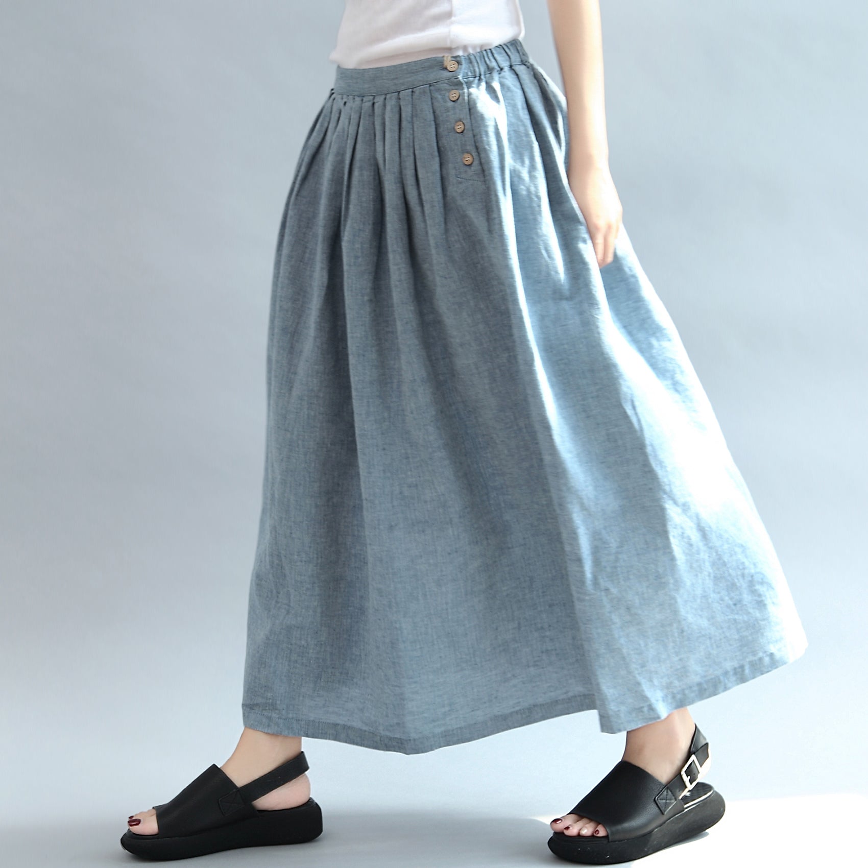 light blue summer linen skirts loose a line skirts button maxi skirts ...