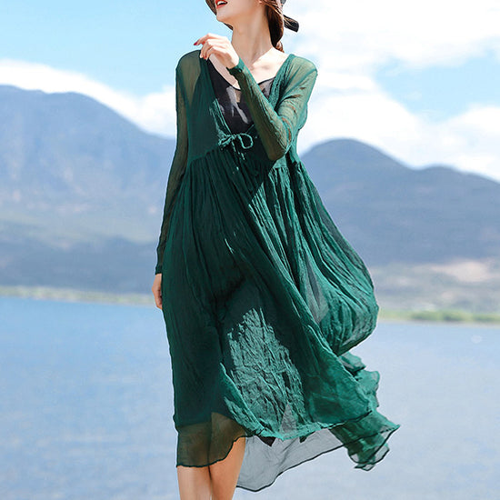 green silk dress long sleeve