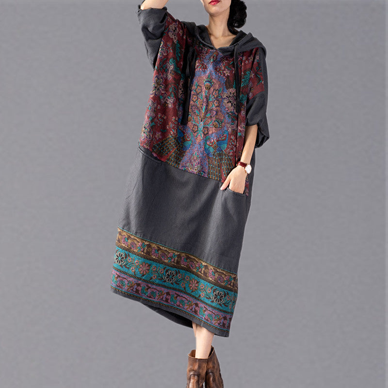 stylish gray print 2018 oversize Hooded baggy maxi dress Fine patchwor ...