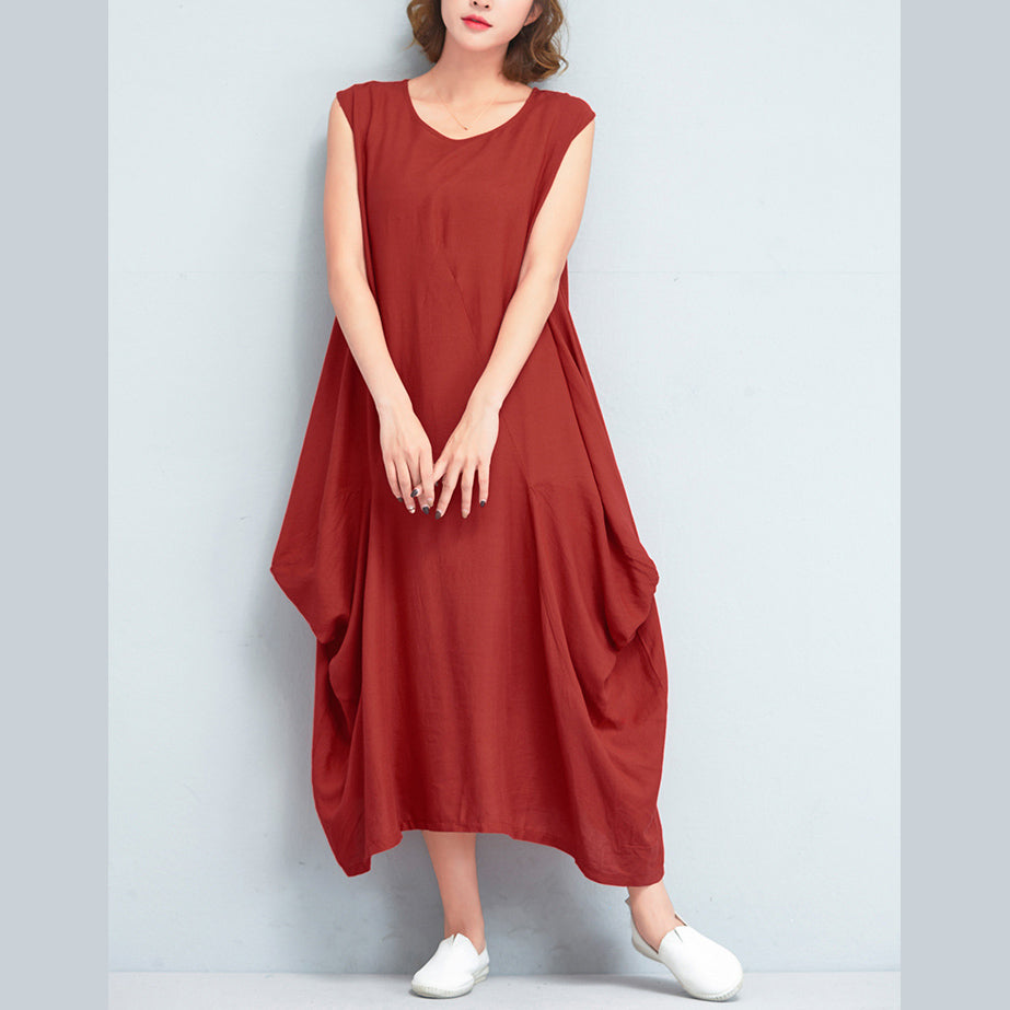 stylish red long cotton polyester dresses Loose fitting sleeveless max ...