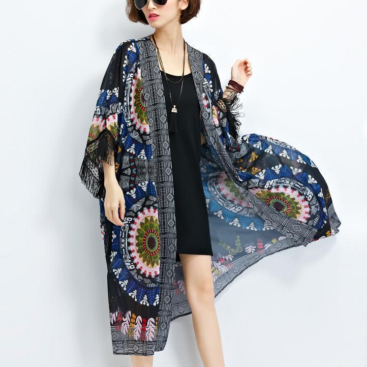 sundress new black prints chiffon cardigans plus size tassel half ...