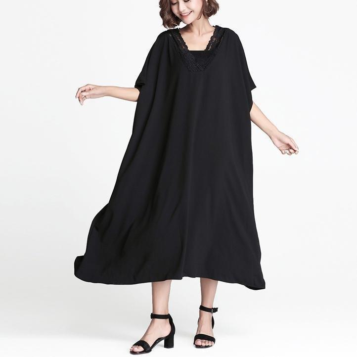 top quality black linen shift dress casual linen maxi dress women V ne ...