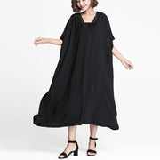 fine black linen shift dress casual linen maxi dress women V neck ...