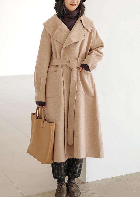 fine khaki wool coat plus size Notched pockets long jackets – SooLinen