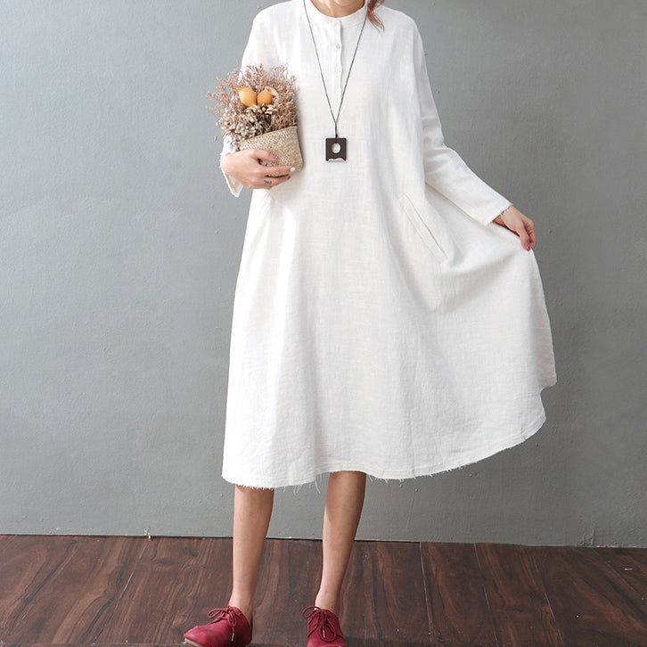 vintage white cotton linen caftans oversized Stand baggy dresses cotton ...