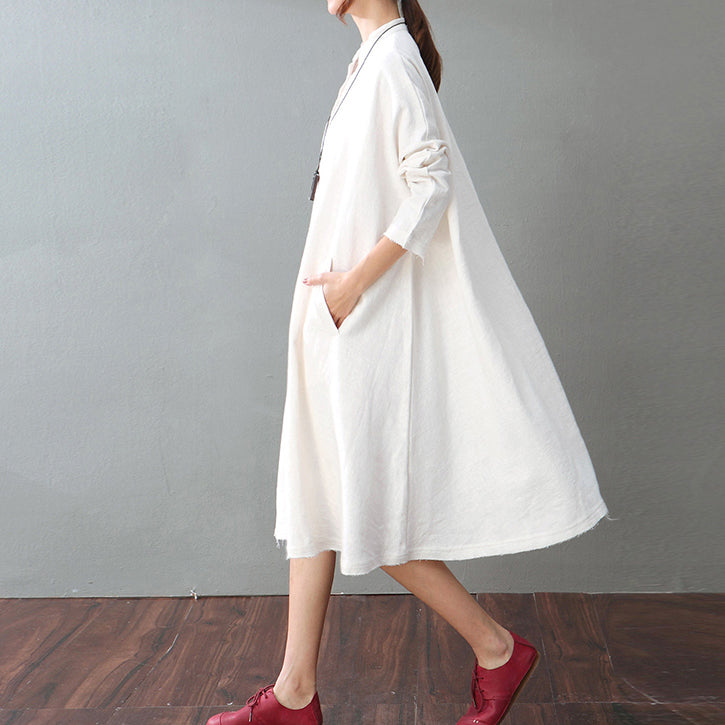 vintage white cotton linen caftans oversized Stand baggy dresses cotto ...