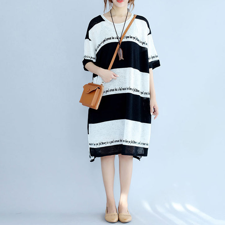 white black striped Midi-length cotton dress plus size linen cotton dr ...