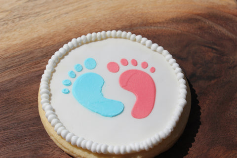 Gender Reveal cookie example made with Baby Footprint Cookie Example
