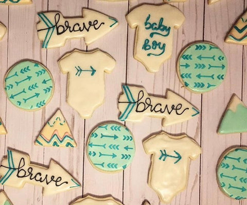 Baby boy shower cookies made with our Arrows Bohemian Cookie Stencil