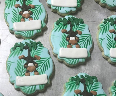 Monkey Themed Cookies made with Palm Leaf Pattern Cookie Stencil