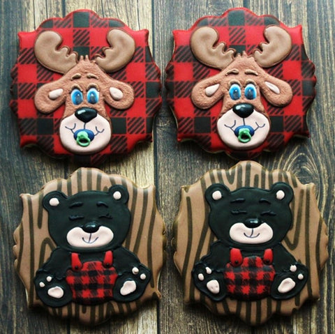 Lumberjack Baby Cookies Made with Wood Grain and Buffalo Plaid Cookie Stencils
