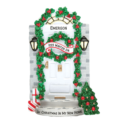 Personalized Door of a New Home, White Door with Green Garland and Scroll for Personalization 