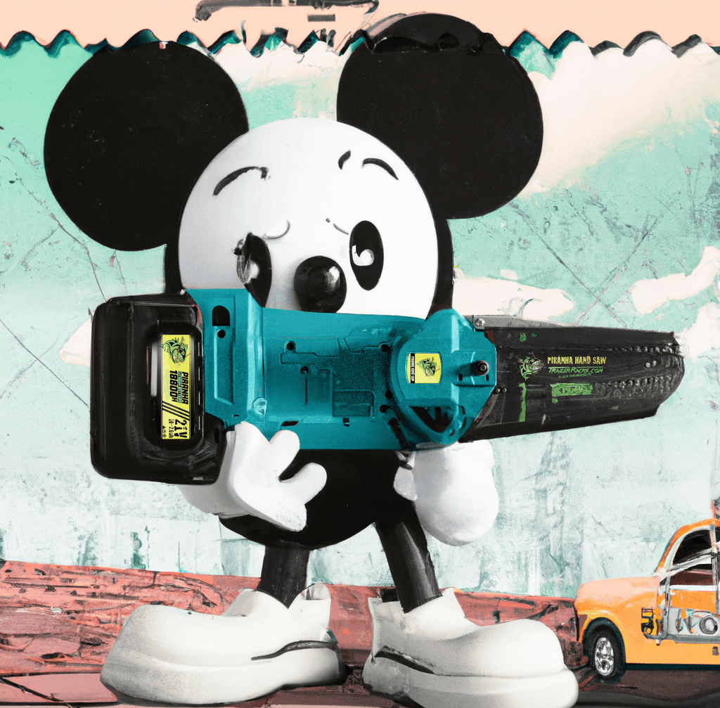 Mickey Mouse de Steamboat Willie tient une mini tronçonneuse à batterie Piranha®