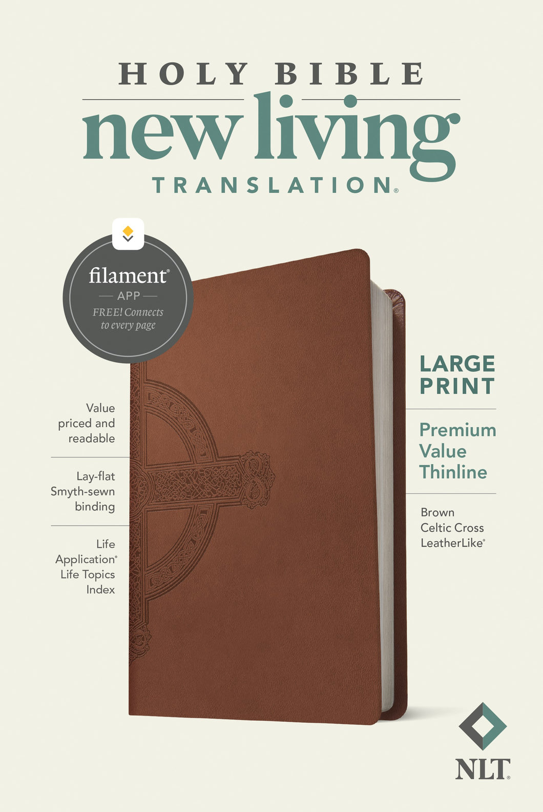 NLT Large Print Premium Value Thinline Bible/Filament Enabled-Brown Celtic Cross LeatherLike
