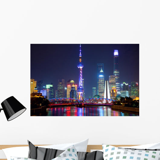 Shanghai Skyline Night With Wall Mural Wallmonkeys Com