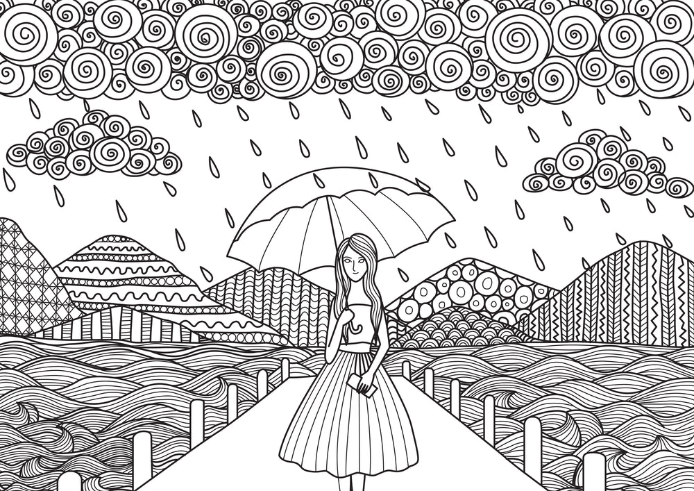 Girl Walking in the Rain Coloring Page Decal - Wallmonkeys product image