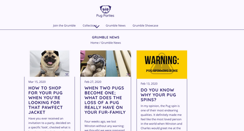 Pug Parties Grumble News Blog page