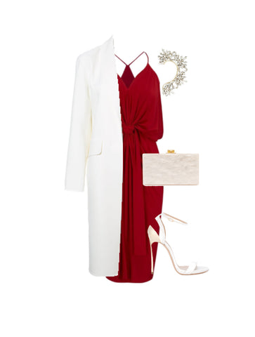 red dress white coat