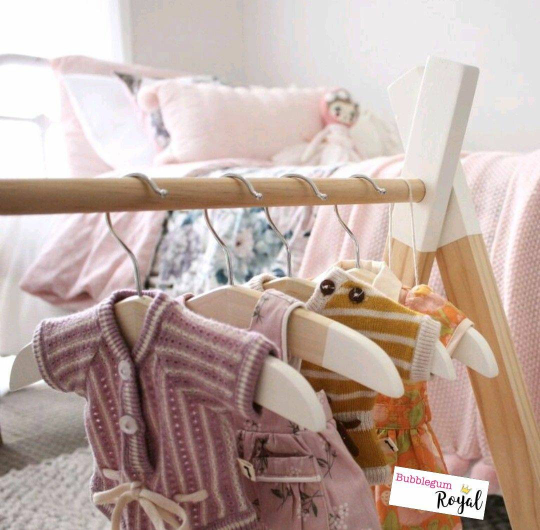 Doll Size Wooden Clothes Rack Set with Doll Size Coat Hangers