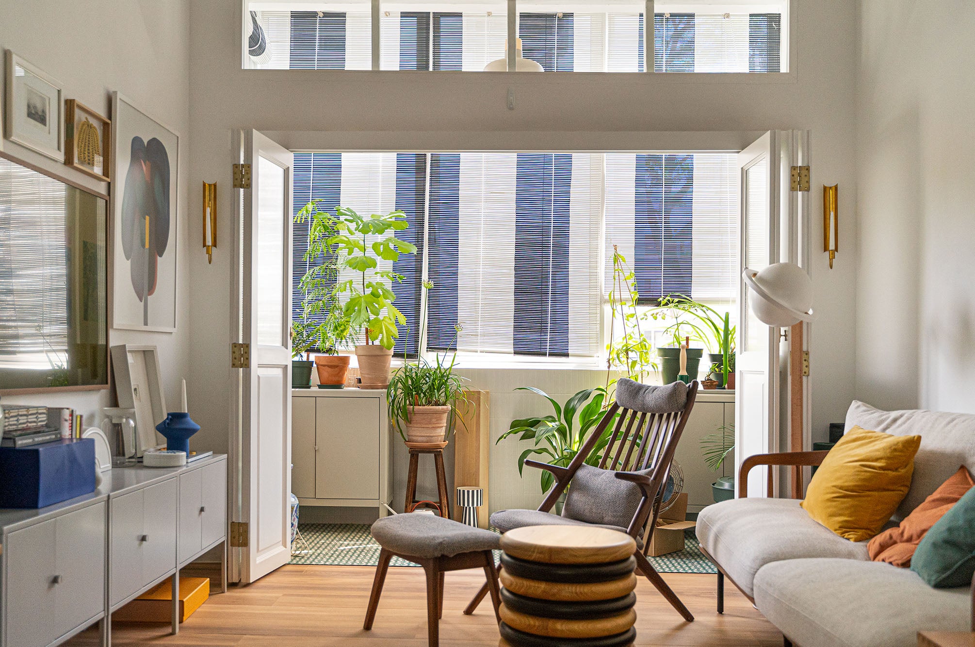 Wide shot of Wilson's cozy living room space featuring various homewares