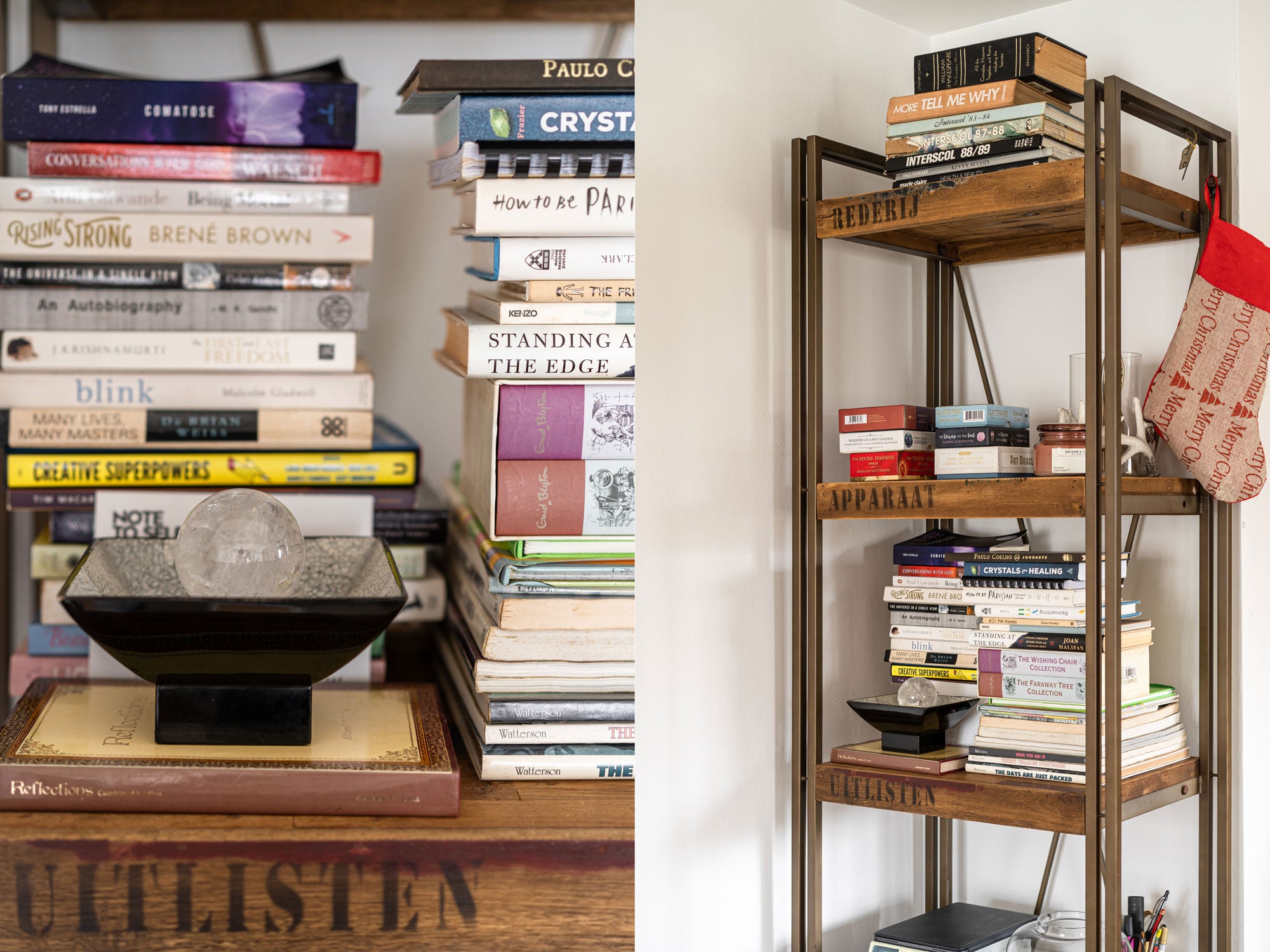 stacks of books on rustic shelf