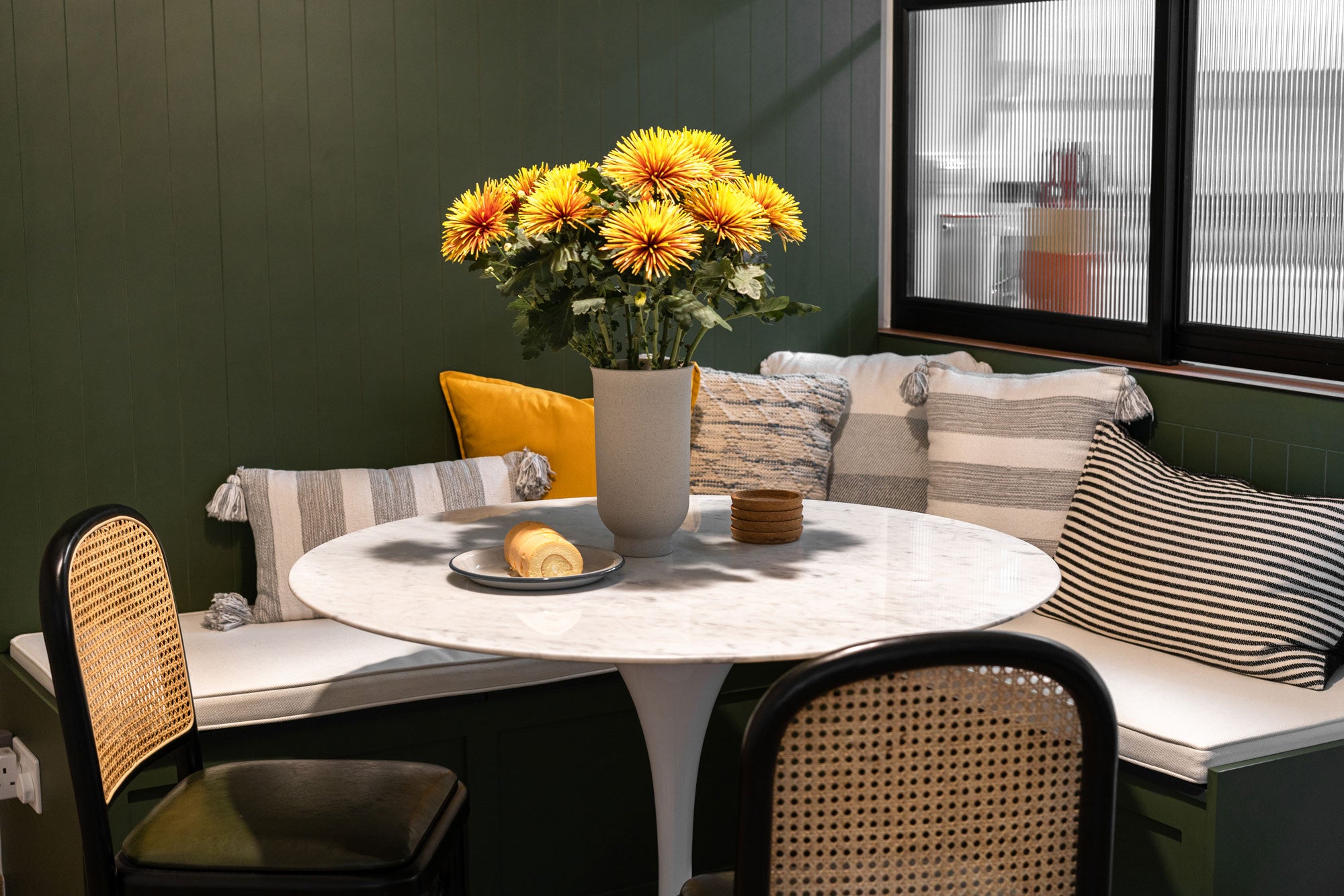 mid-century modern dining room with fresh flowers