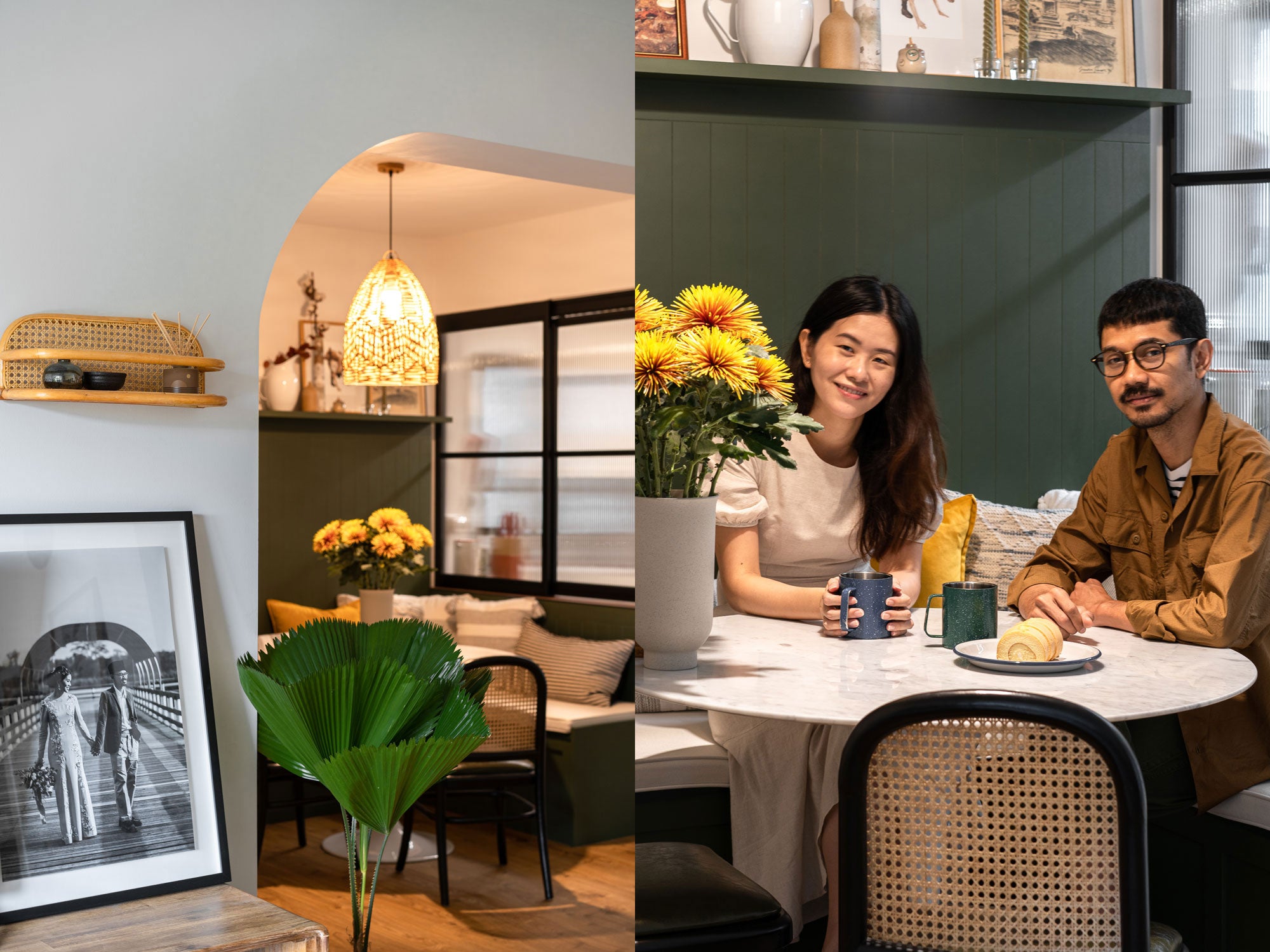 Singaporean couple in mid century modern dining area