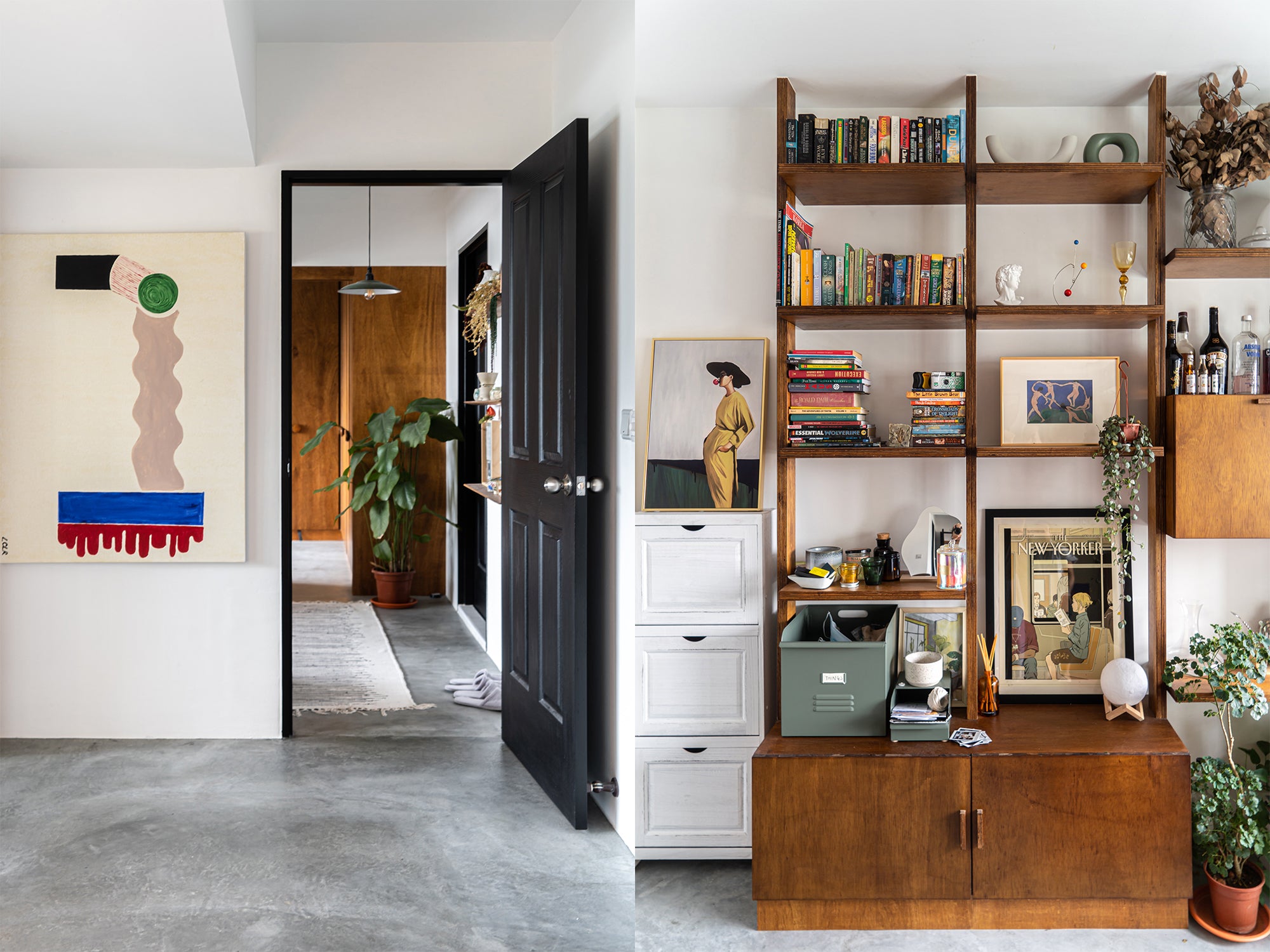 midcentury modern home interior wooden shelfie 