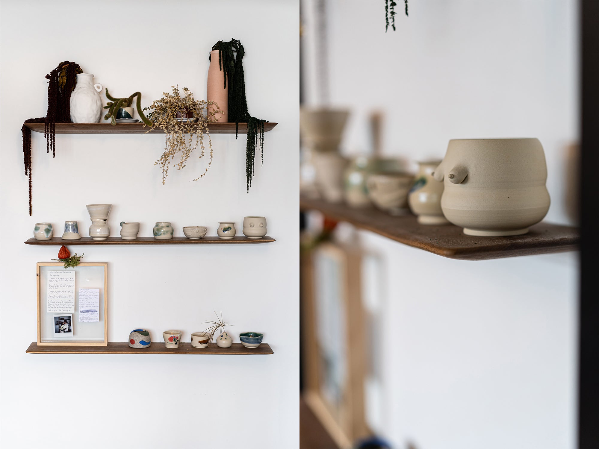 ceramic pots on wall shelf 