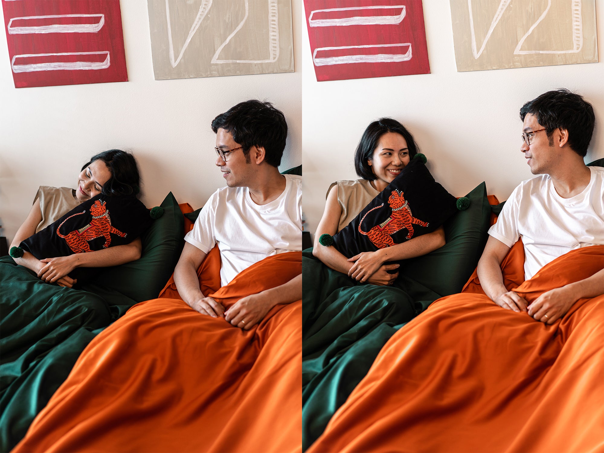 couple in bed with orange and green bedsheets