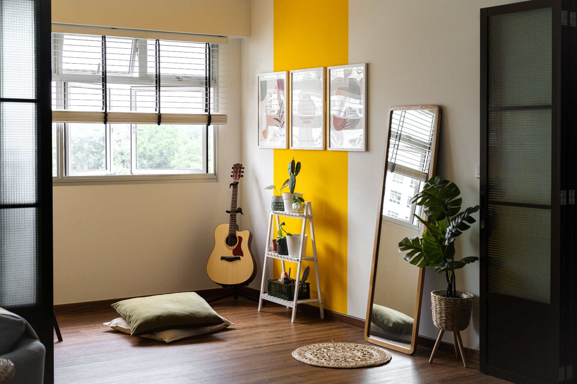 modern home with house plants and guitar