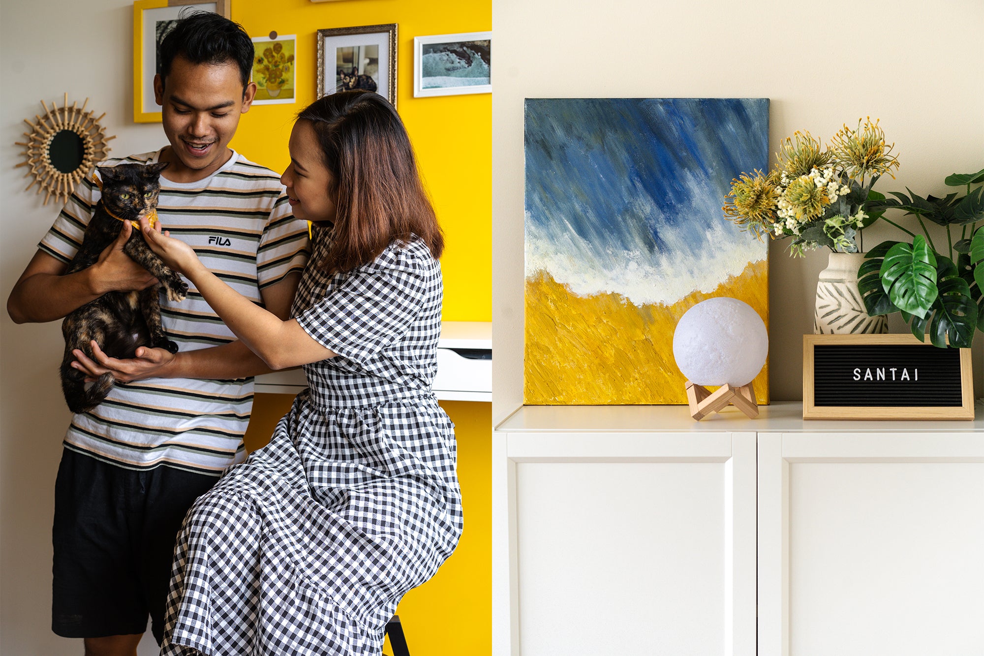 couple with cat in cosy home