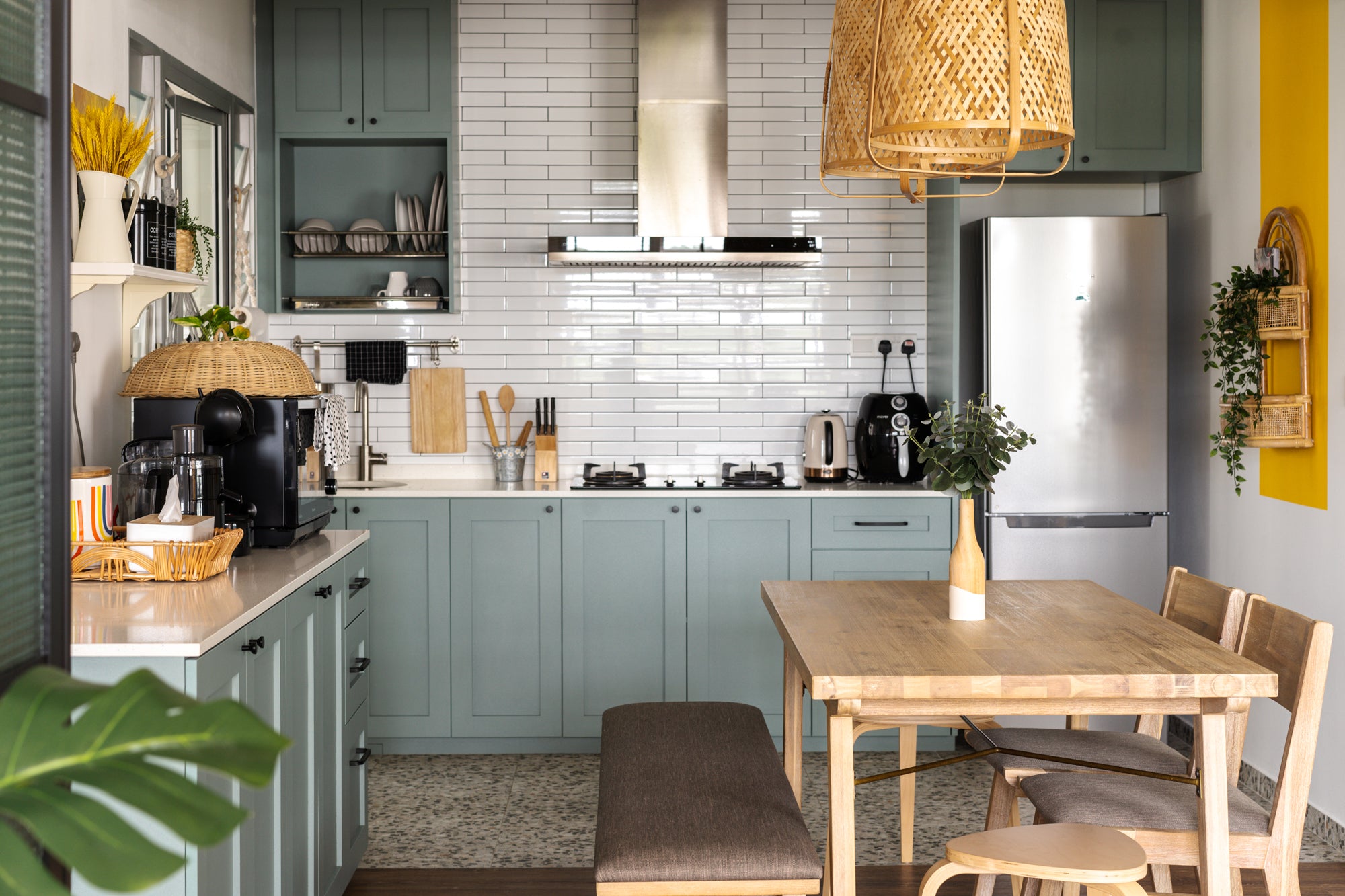 modern cottage kitchen with green and brown interior decor