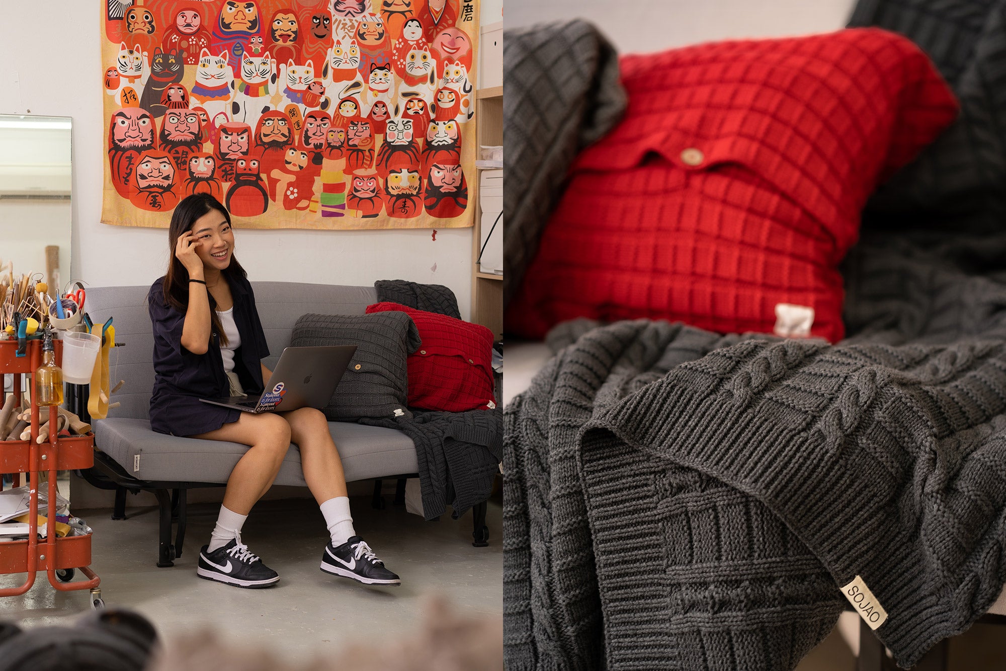 photo-of-sojao's-cable-knit-throw-and-checkered-rib-cushion-covers-on-rei's-sofa-by-sojao.jpg