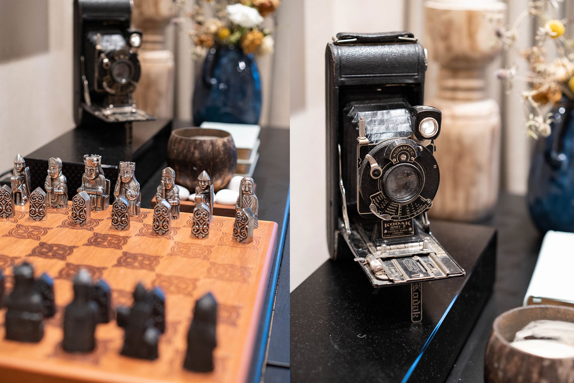 Retro film camera home display and chess set