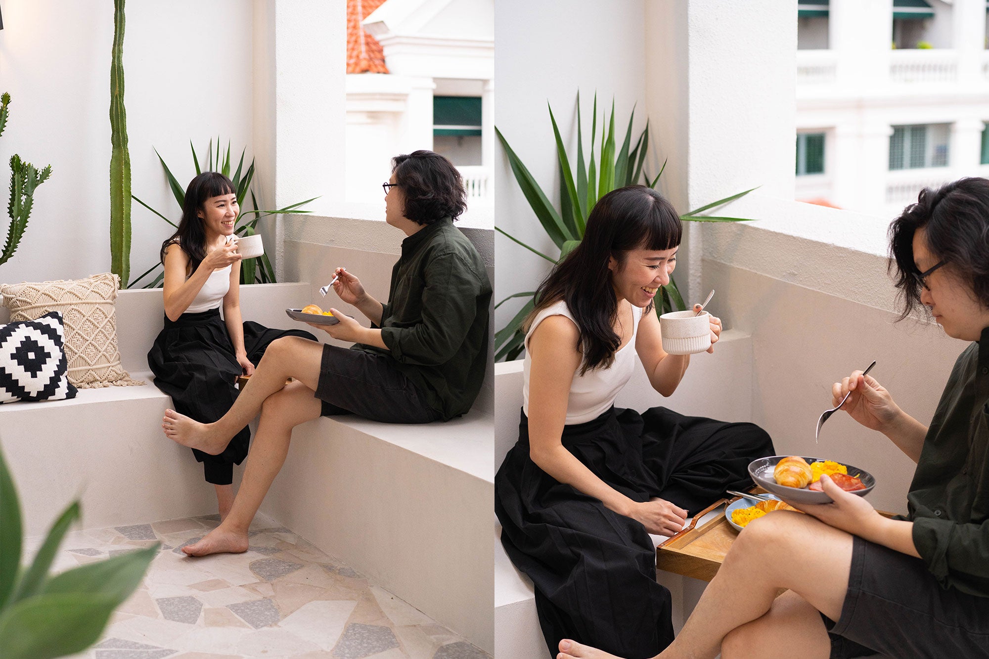 Singaporean couple relaxing in outdoor balcony having breakfast